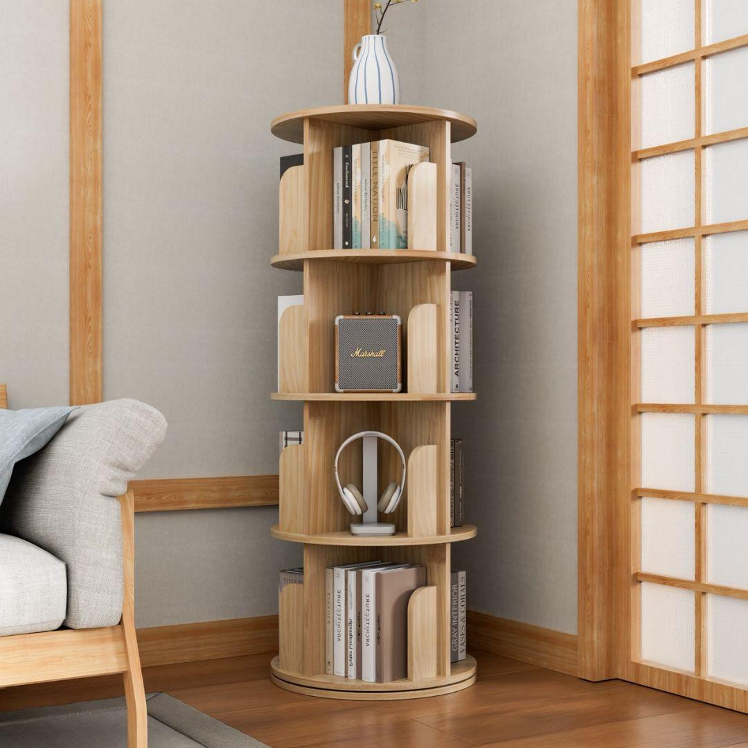 回転式 木製本棚 大容量 省スペース 松木 ナチュラル 無垢 縦型 収納ラック