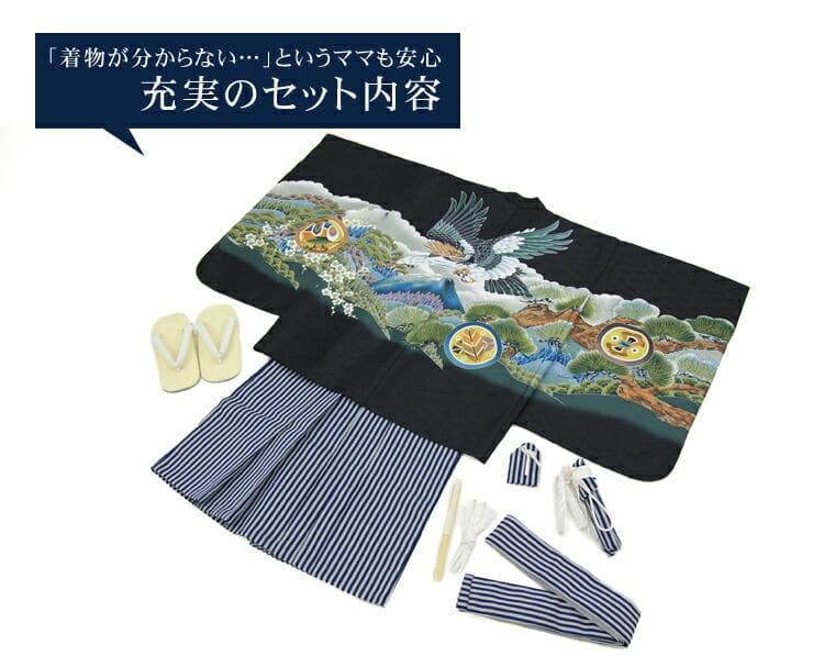 七五三 5歳 男の子 羽織着物フルセット 4.黒地に鷹と富士山（袴：紺の縦縞）