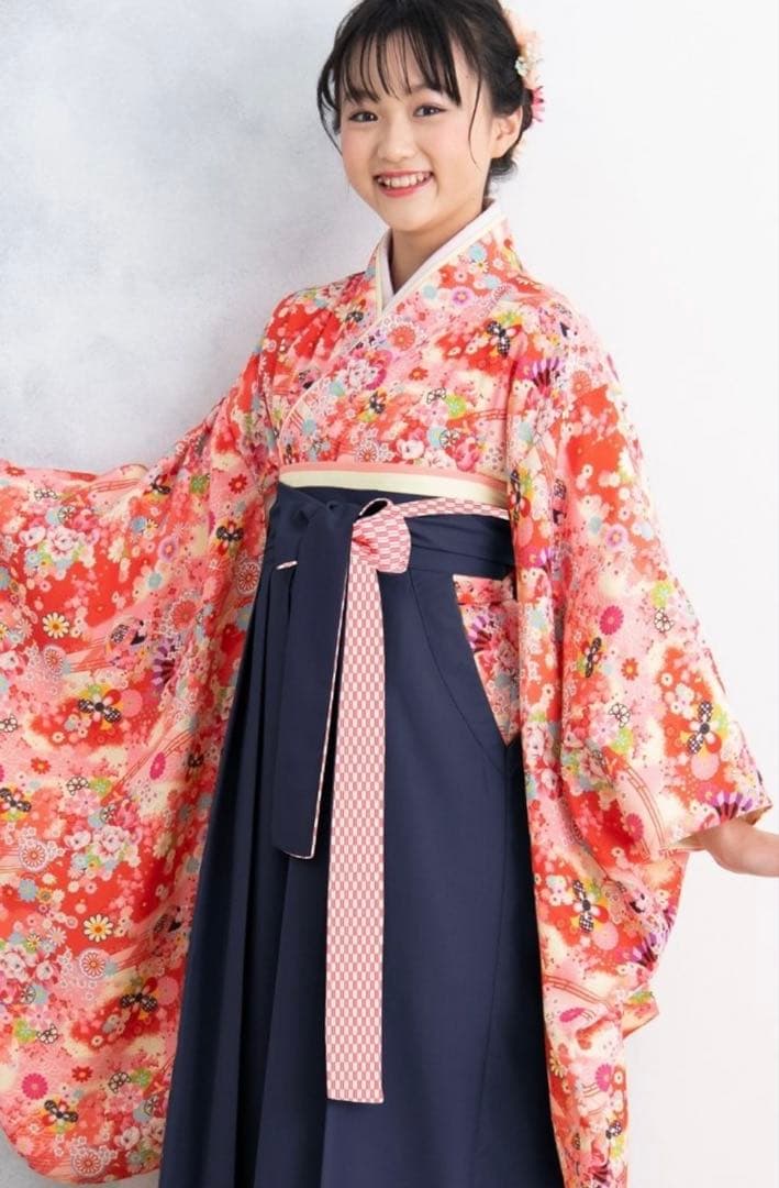 自宅で簡単着付け　小学生　卒業式　袴　緋色　M 髪飾り付き