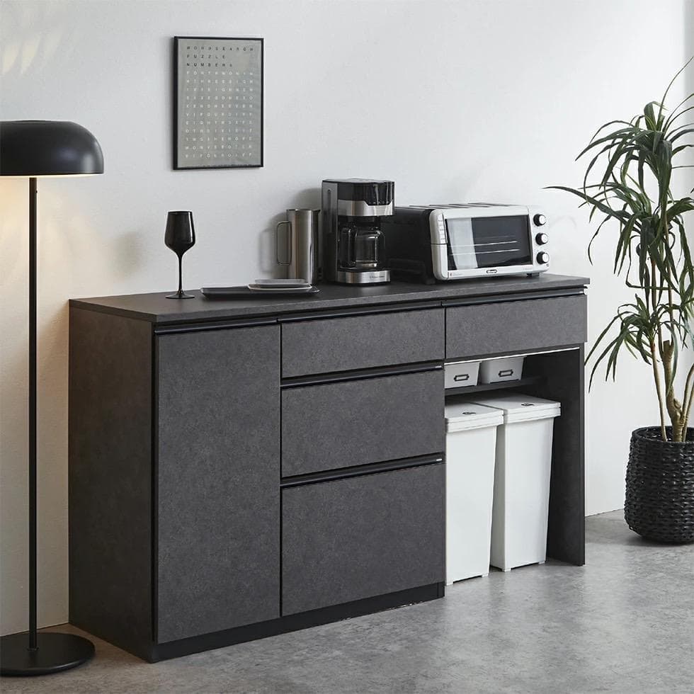 キッチンカウンター　幅155　サイドボード　ブラック　ラック　食器棚　大理石　棚