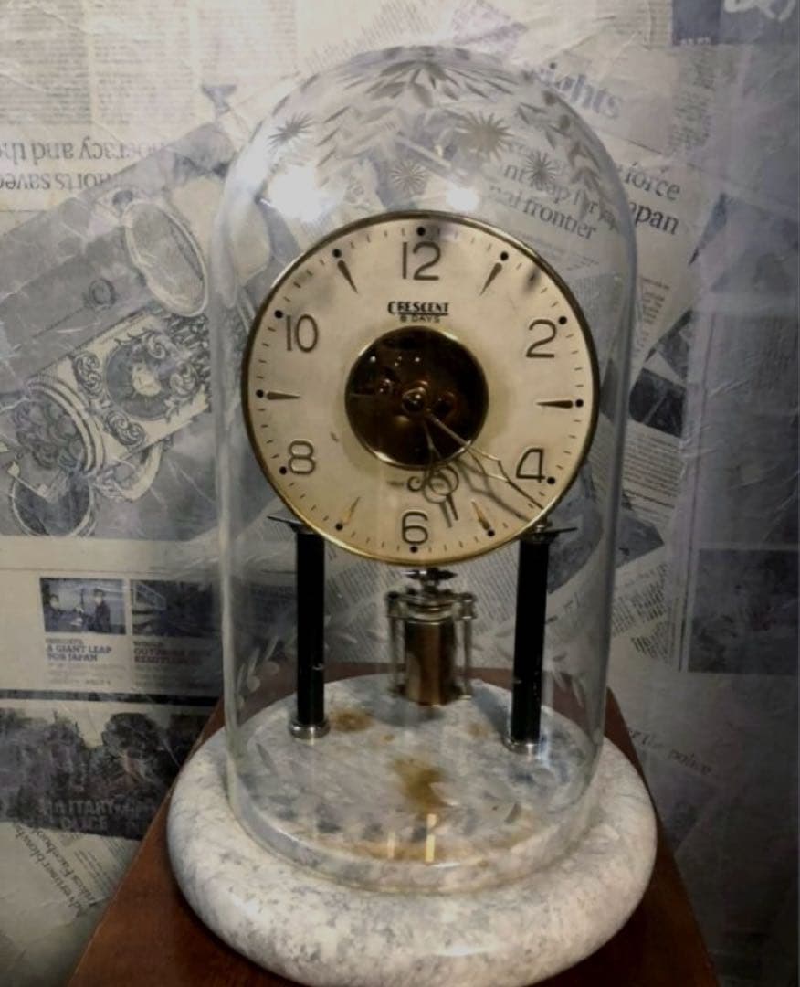 アンティーク ドイツ製CRESCENT ガラスドームゼンマイ振り子大理石置時計