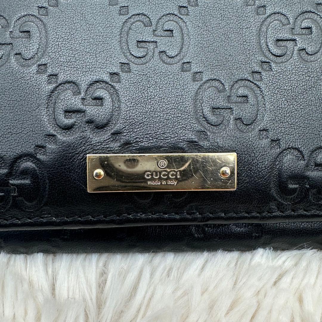 ✨美品✨グッチ　長財布　二つ折り財布　GG柄 ロゴプレート　レザー　黒