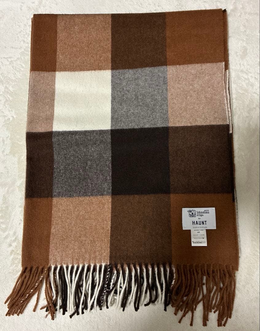 ジョンストンズ　大判ストール　茶系チェック　HAUNTコラボ　Johnstons
