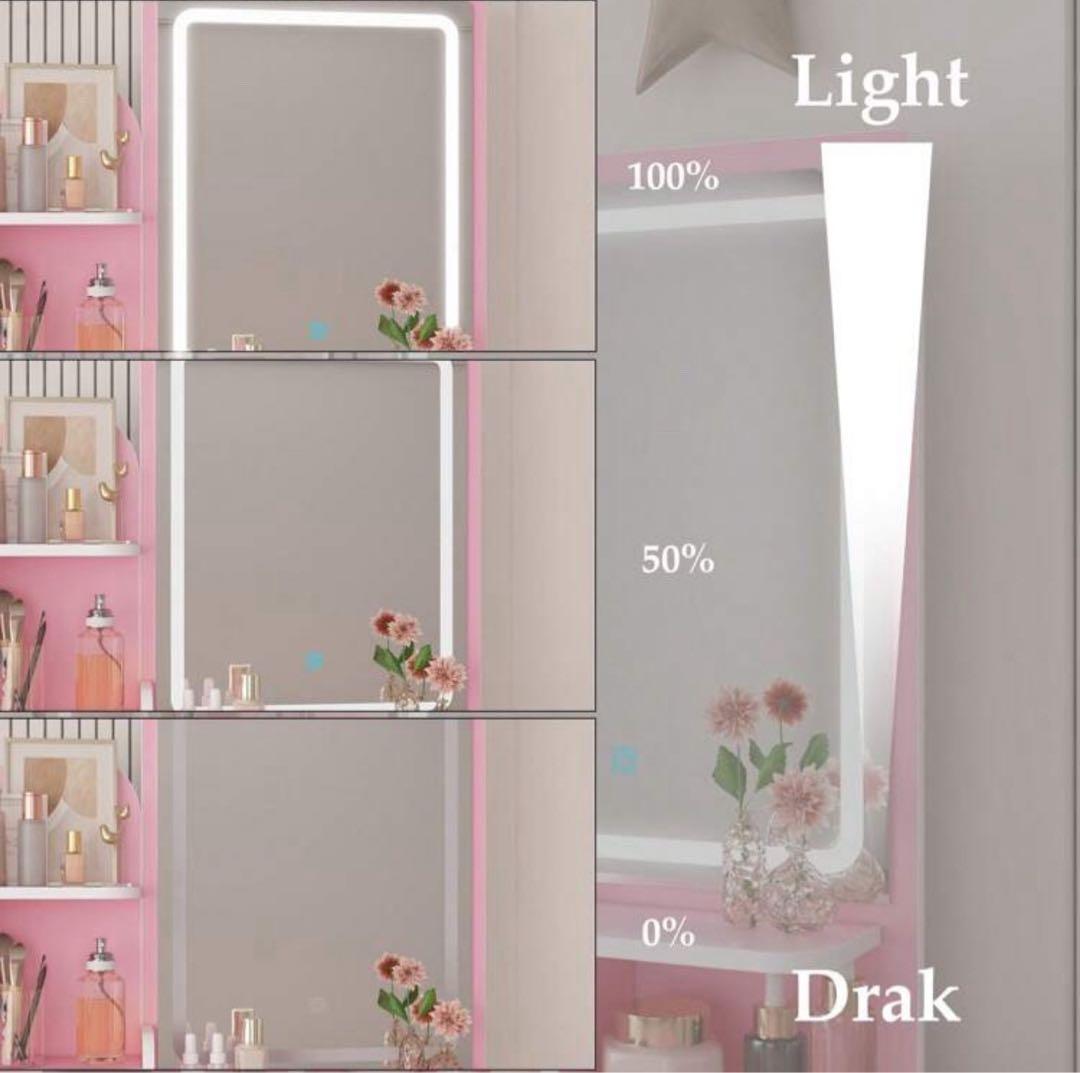 ドレッサー 幅80cm コンパクトミラー スツール付き LEDライト付き ピンク