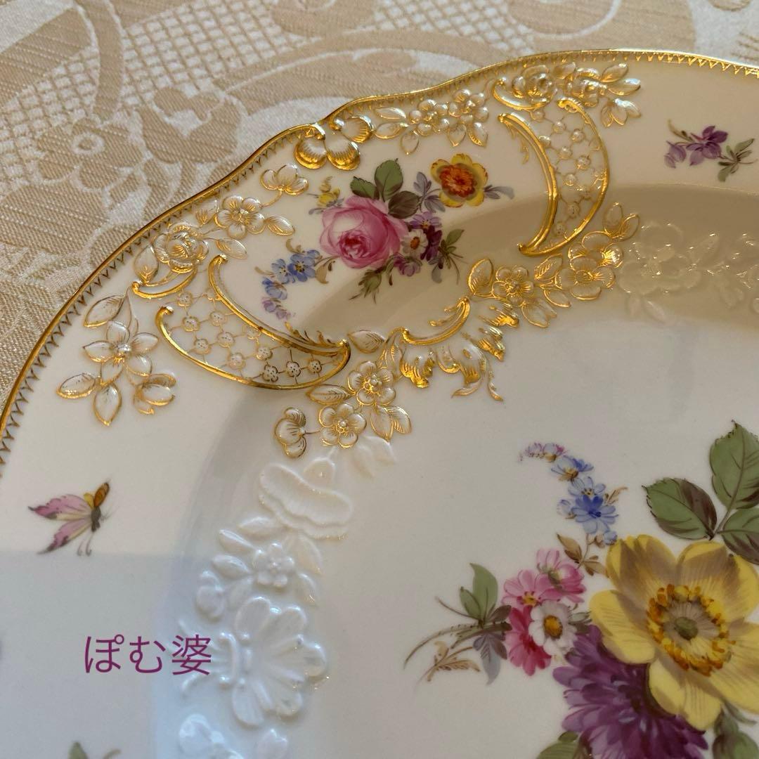 【古マイセン】金彩 花絵皿「ノイマルセイユ／フラワーブーケと昆虫」No.6