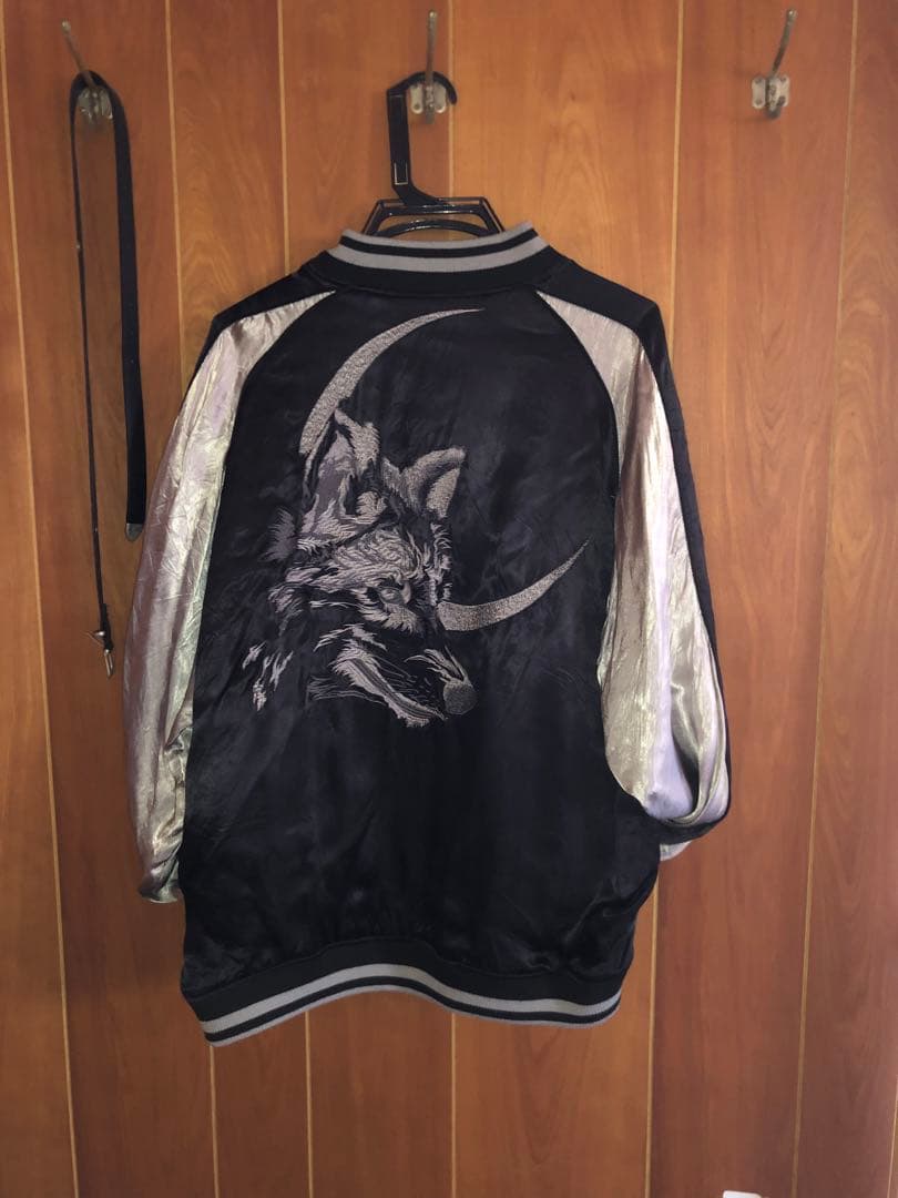 絡繰魂 和柄 スカジャン メンズ 総刺繍 リバーシブル 満月 夜 銀狼 遠吠え