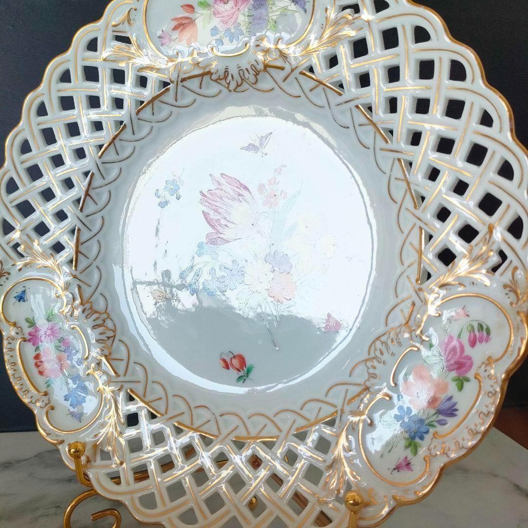 マイセン フワラーブーケ 昆虫 金彩 透かしプレート １級品 美品 ローズ 小花