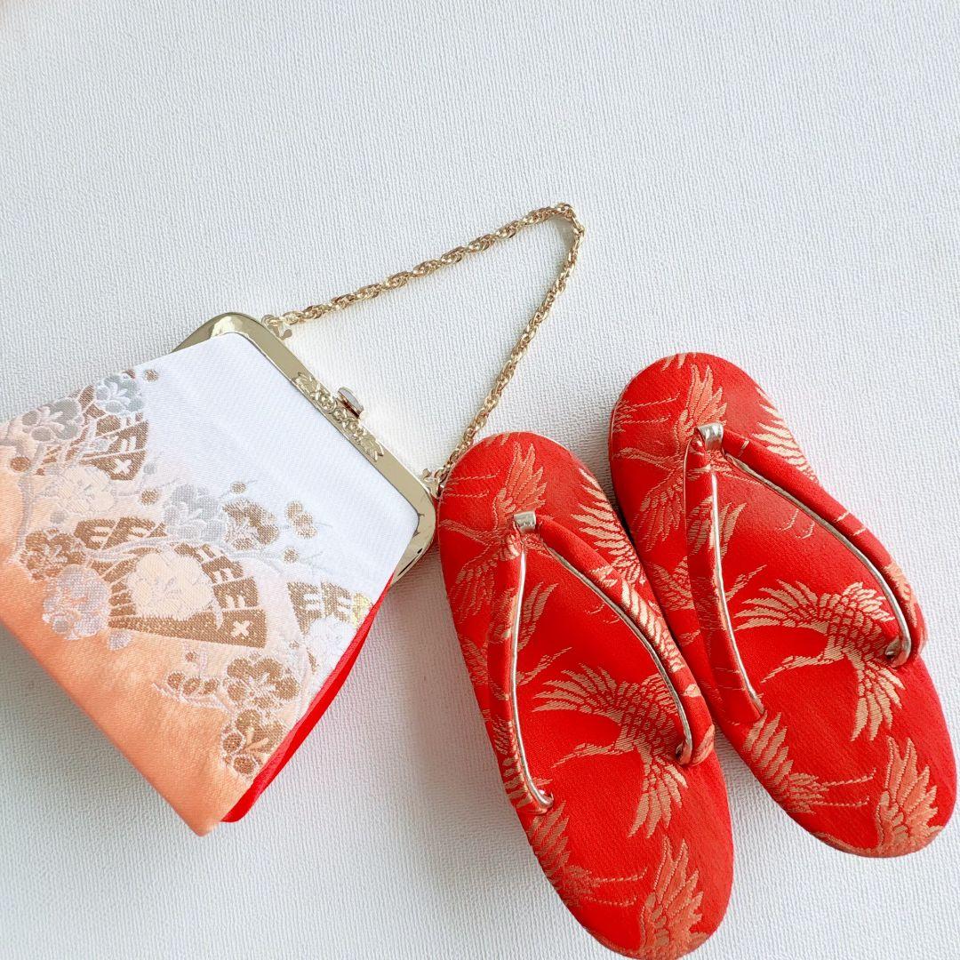 フルセット七五三７歳女の子　オレンジ地　傘椿　黒地袋帯　袖なし長襦袢7125