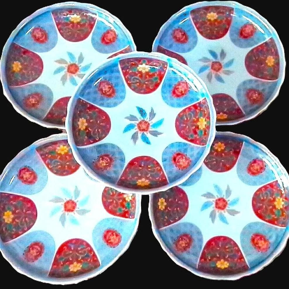 新品木箱入5客 林九郎窯 金彩赤絵輪花皿 染錦和皿揃