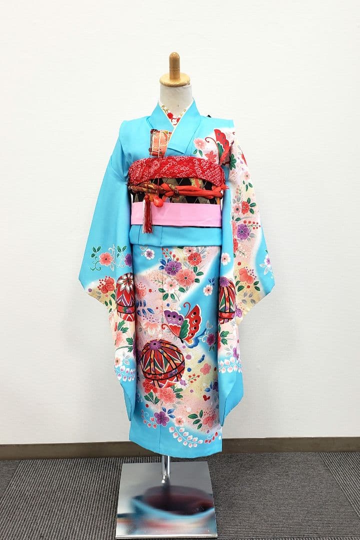 七五三　7歳　120cm　ポリエステル　水色　 つくり帯