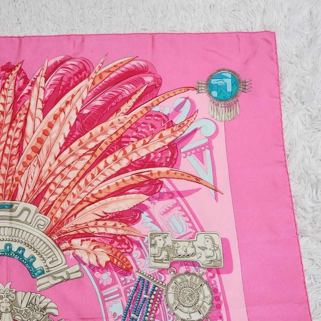 エルメス カレ90《メキシコ》大判スカーフ 羽根 仏像 宝石 シルク タグ付き