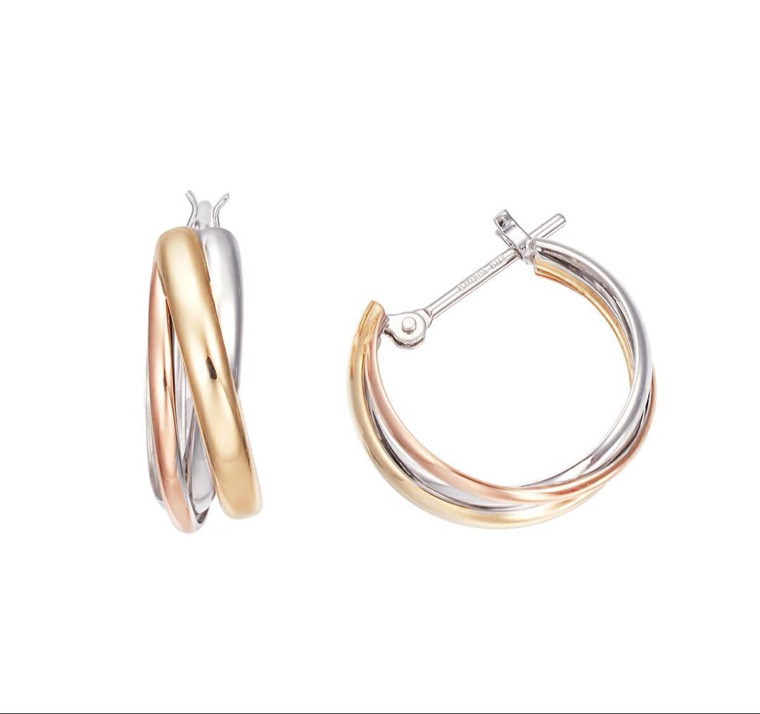 ツツミ　K10ホワイト　イエロー　ピンクゴールドトリニティ　フープ　ピアス