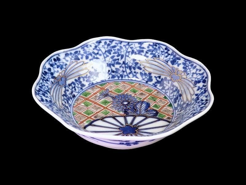 大聖寺伊万里　　微塵唐草に菊の図　小振輪花膾皿　４客　F498AS-fbvi
