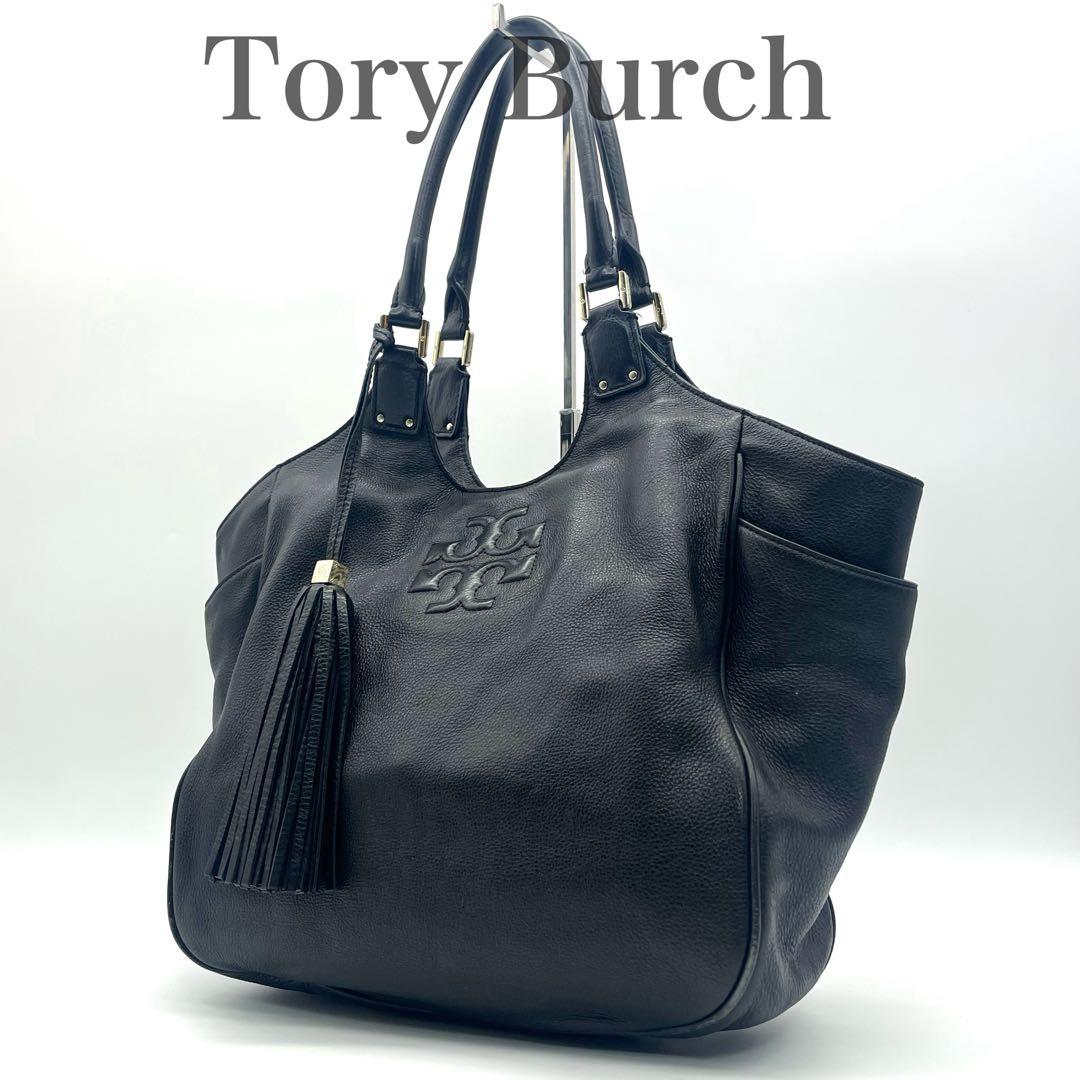 トリーバーチ トートバックハンドバッグ レザー ビッグロゴ タッセル シボ 黒