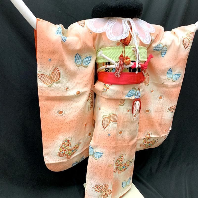 412ag64□七五三 七歳 女児 着物&袋帯&長襦袢 金彩 蝶 菊□状態良好u