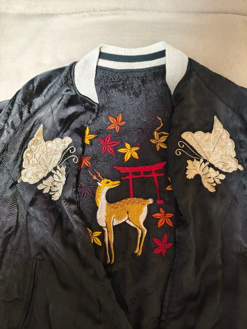 リバーシブル スカジャン刺繍 和柄 猪鹿蝶 花札 メンズ レーヨン