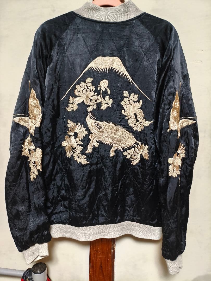リバーシブル スカジャン刺繍 和柄 猪鹿蝶 花札 メンズ レーヨン