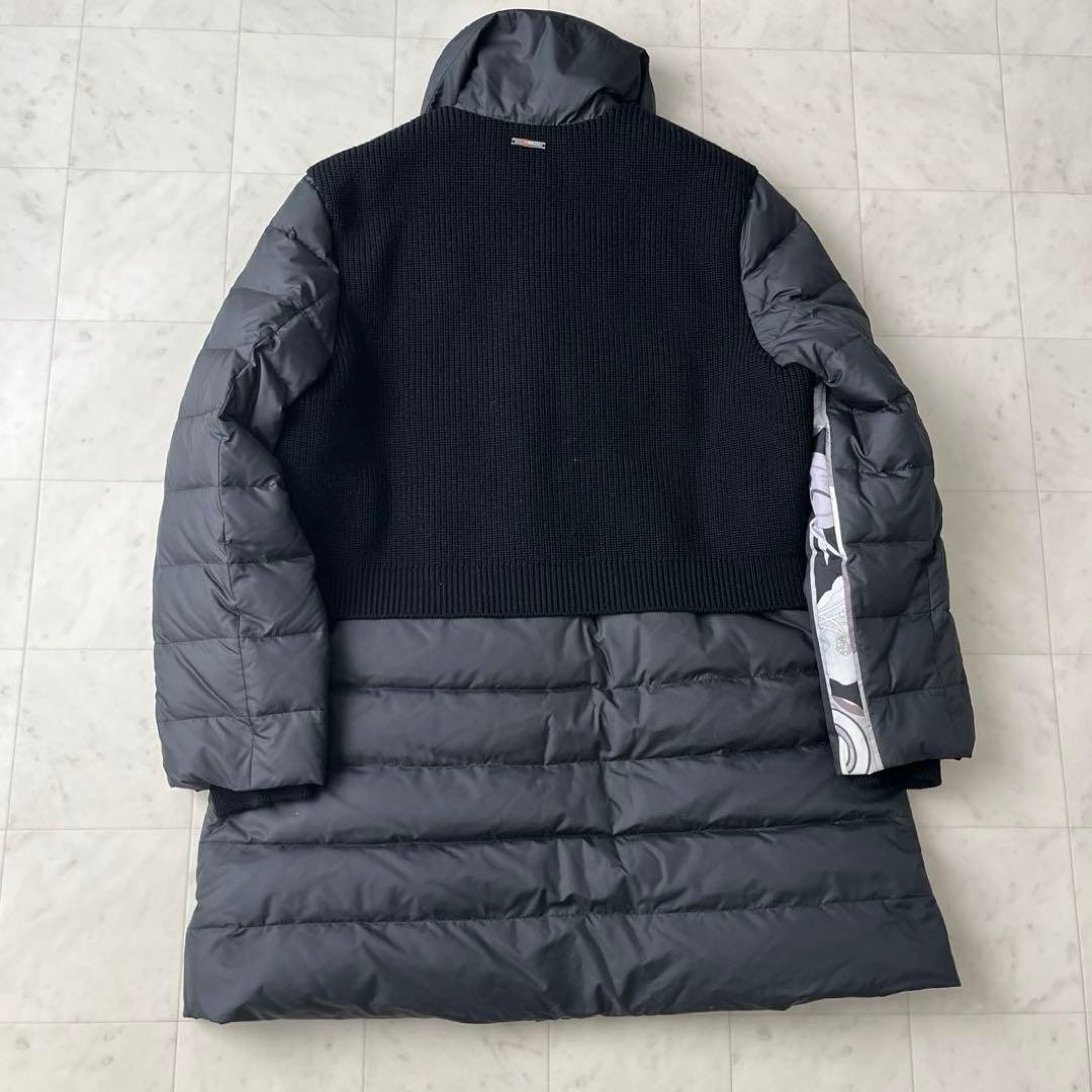 レオナール 大きいサイズ 42 ニット切替 ダウンコート 花柄 トリム 黒