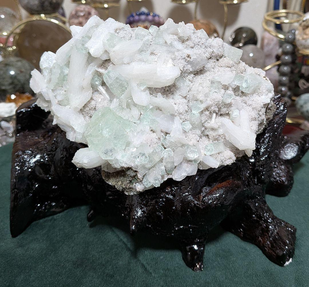 グリーンアポフィライト☆カルサイト共生☆クラスター☆台座付き☆