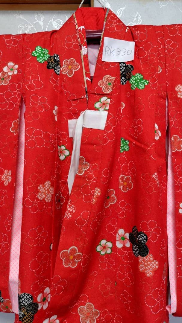 RK330アンティーク子供着物3点セット長襦袢巾着袋付き着丈90裄丈39　3歳用
