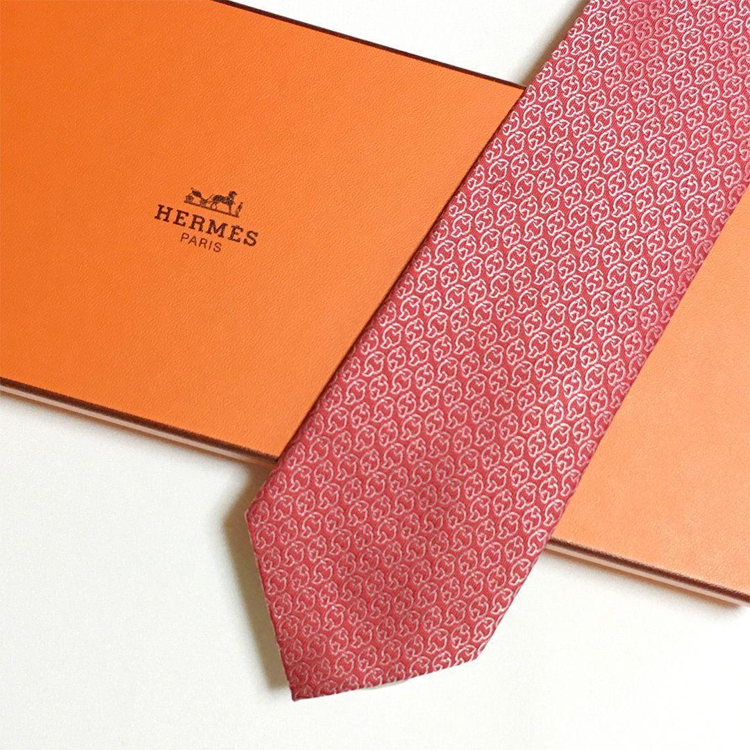 未使用級 エルメス HERMES ネクタイ シルク ピンクレッド系 総柄