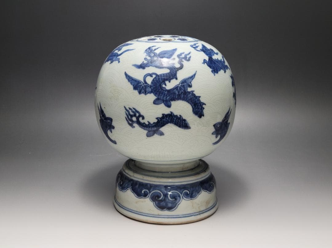 染付 龍神獣紋 球型 花瓶 明清時代 高さ約21.4cm