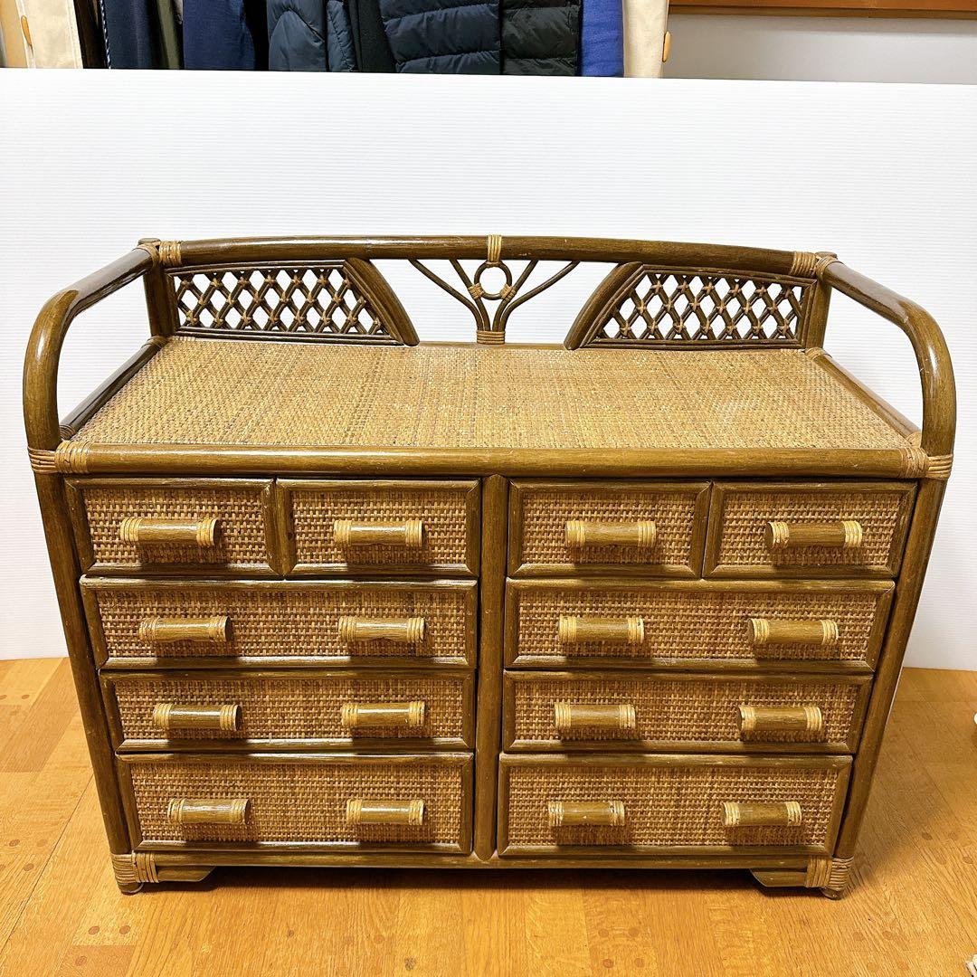 ラタン チェスト サイドボード レトロ 古家具 4段10杯 引き出し箪笥