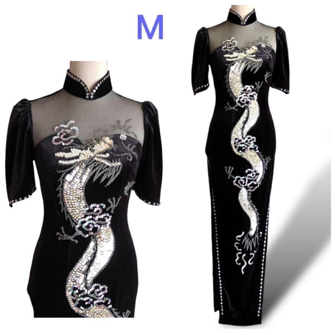 豪華⭐️チャイナドレス ベルベット ドラゴン スパンコール刺繍