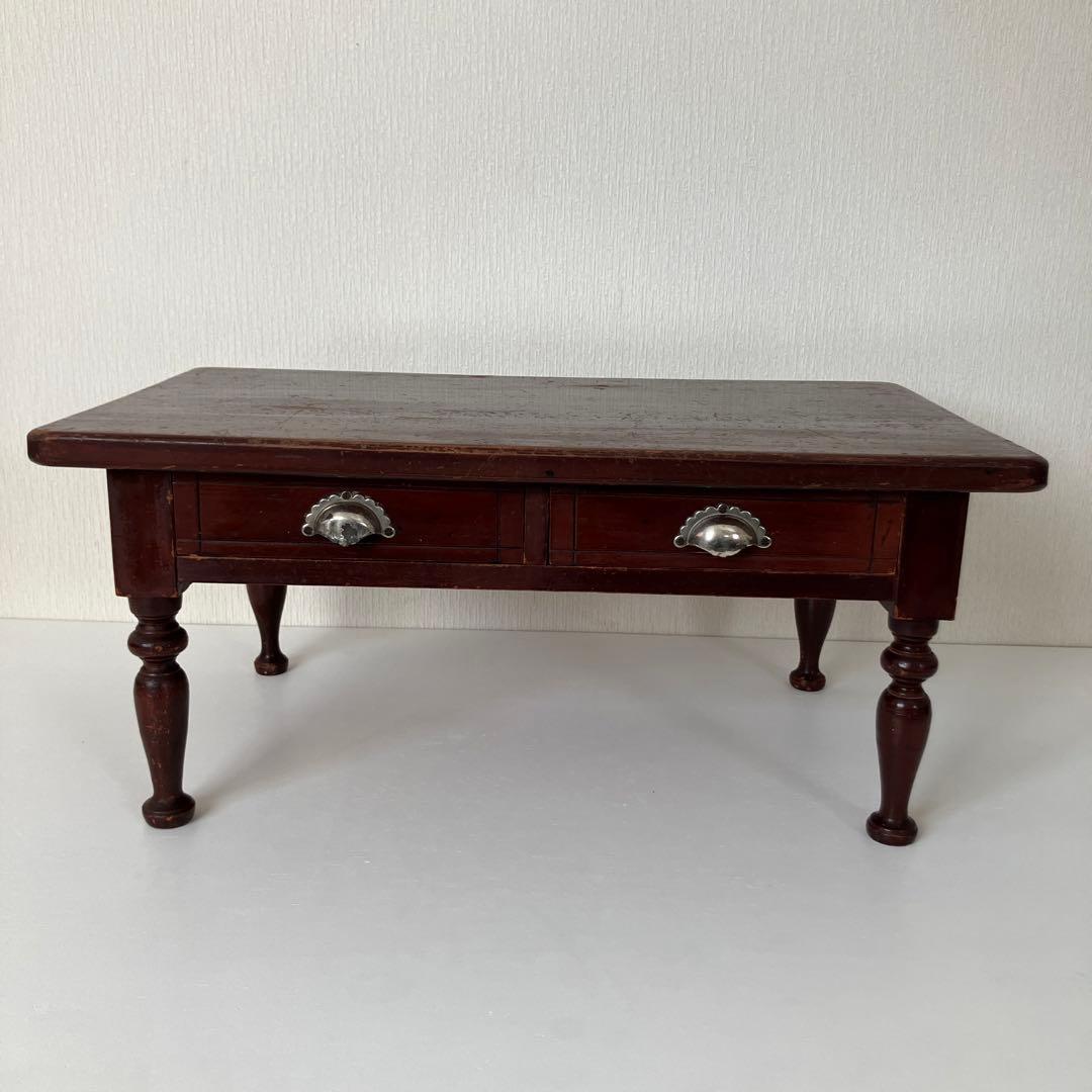 古い文机　ろくろ脚　木製ダークブラウンテーブル 引き出し付き