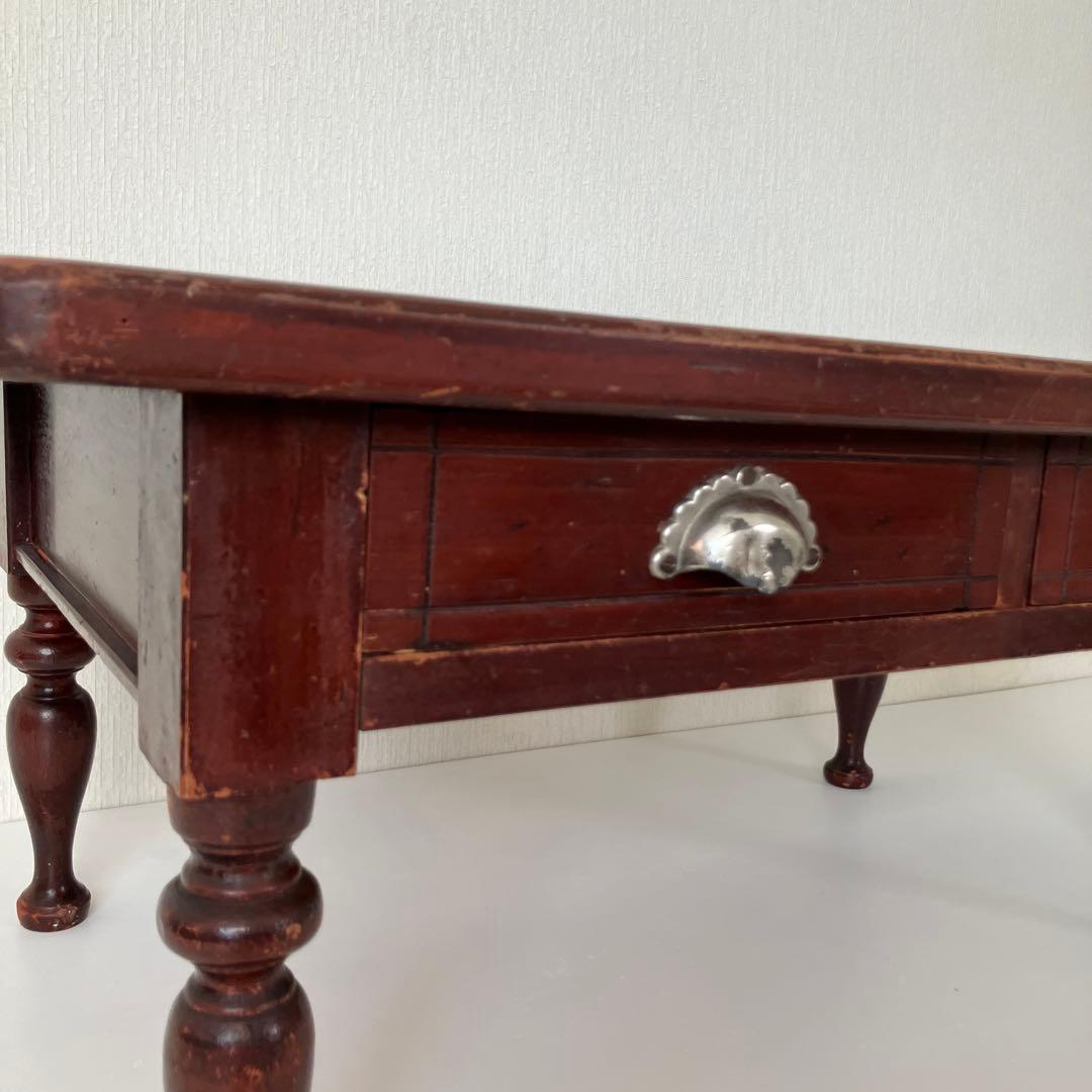 古い文机　ろくろ脚　木製ダークブラウンテーブル 引き出し付き