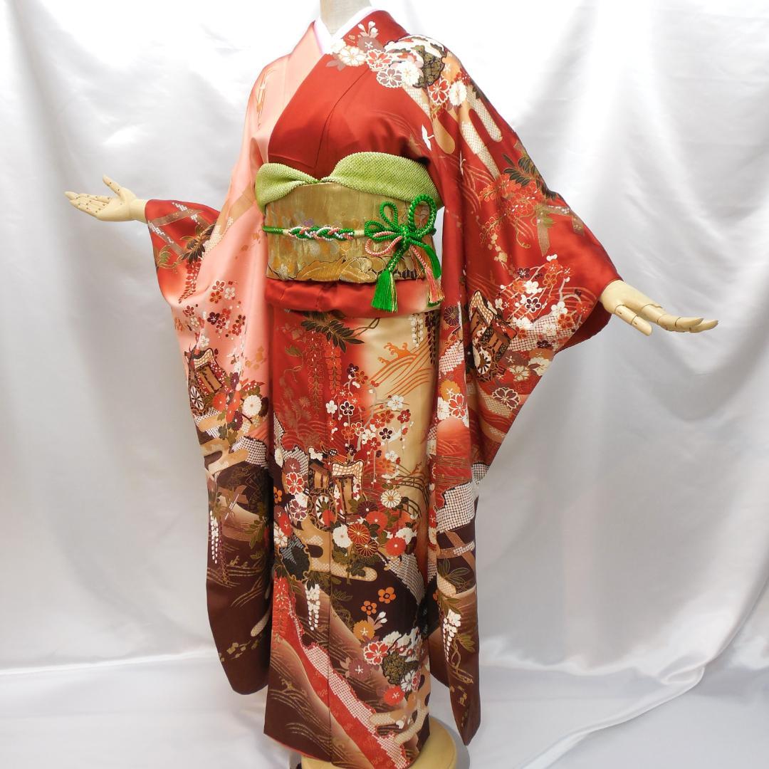 訳あり特価★振袖フルセット　正絹　成人式　振袖　7点　M～Ｌサイズ　赤　古典柄