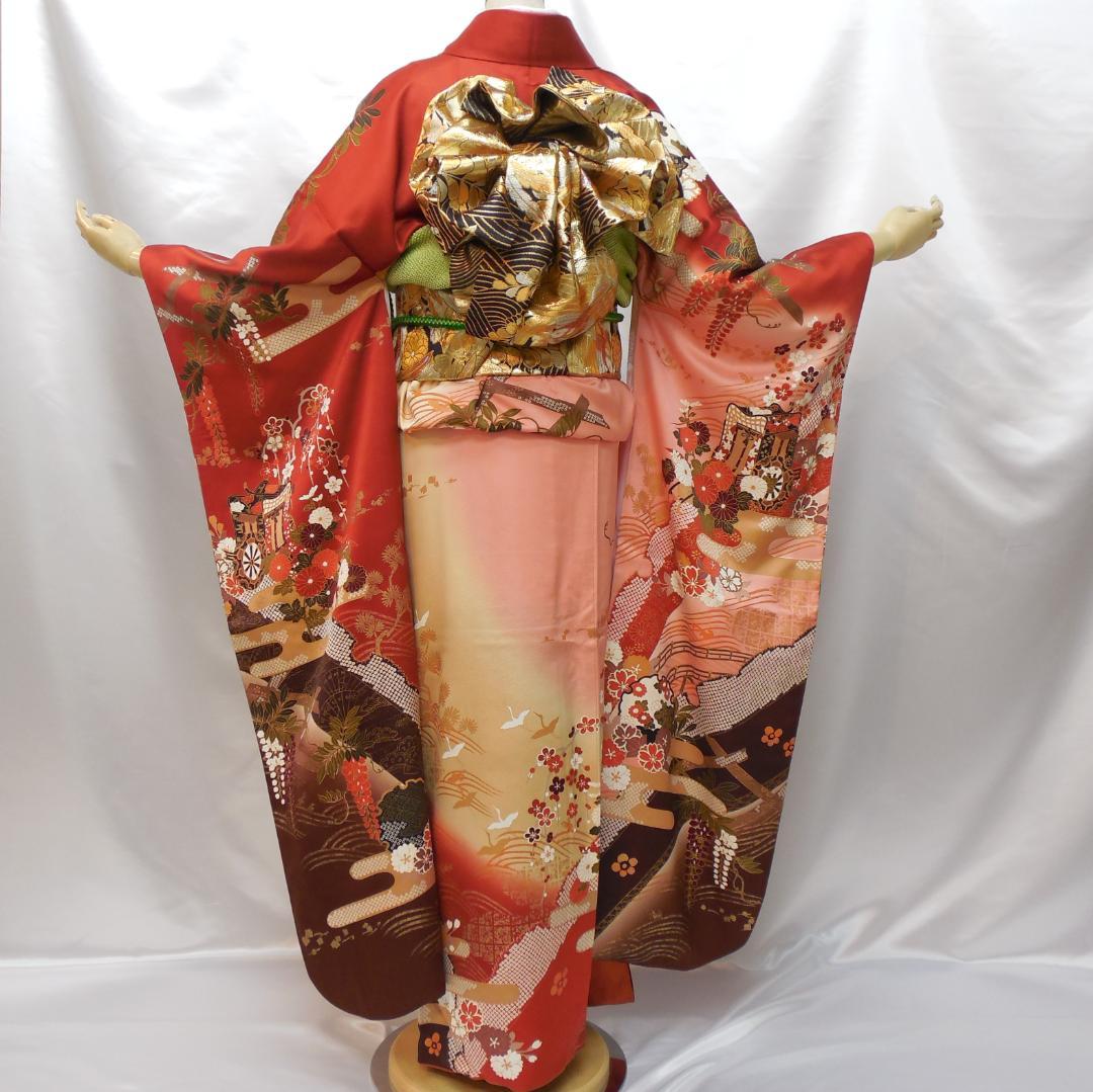 訳あり特価★振袖フルセット　正絹　成人式　振袖　7点　M～Ｌサイズ　赤　古典柄