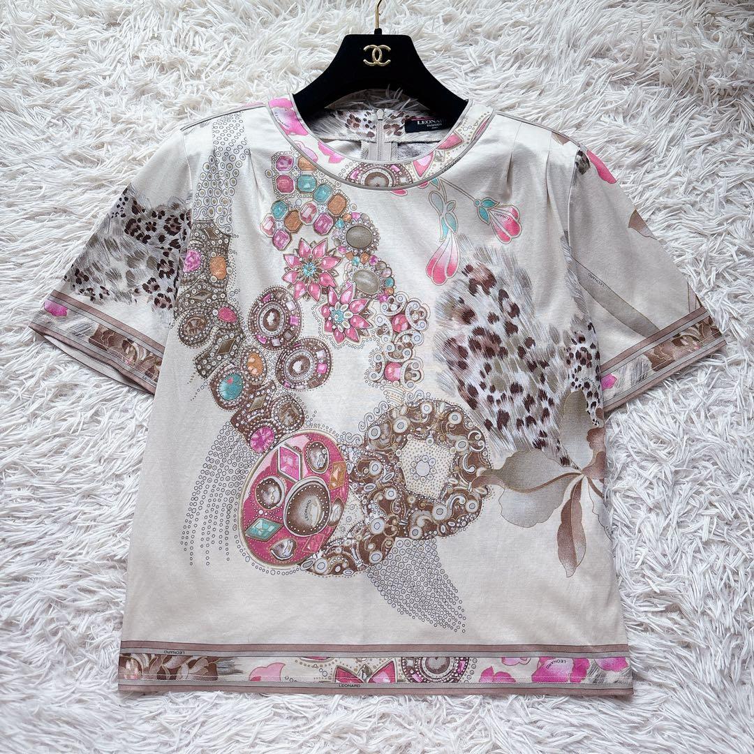 極美品✨レオナール 半袖カットソー トップス シャツ ビジュー 花柄トリム LL