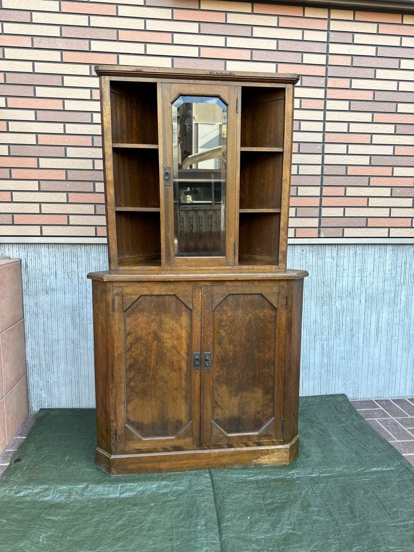 【コーナーキャビネット】国産木製　飾り棚　収納棚　面取りガラス　昭和レトロ◎