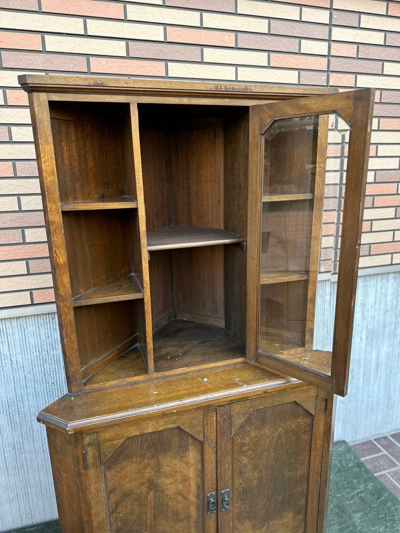 【コーナーキャビネット】国産木製　飾り棚　収納棚　面取りガラス　昭和レトロ◎