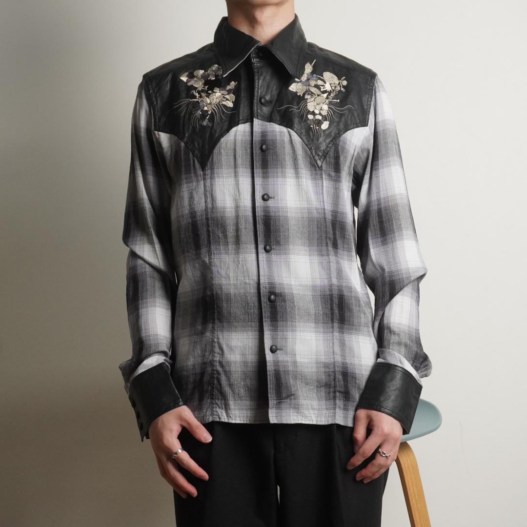 Roen チェック柄 鹿革レザー切替シャツ スカル刺繍 グレー/FZ52