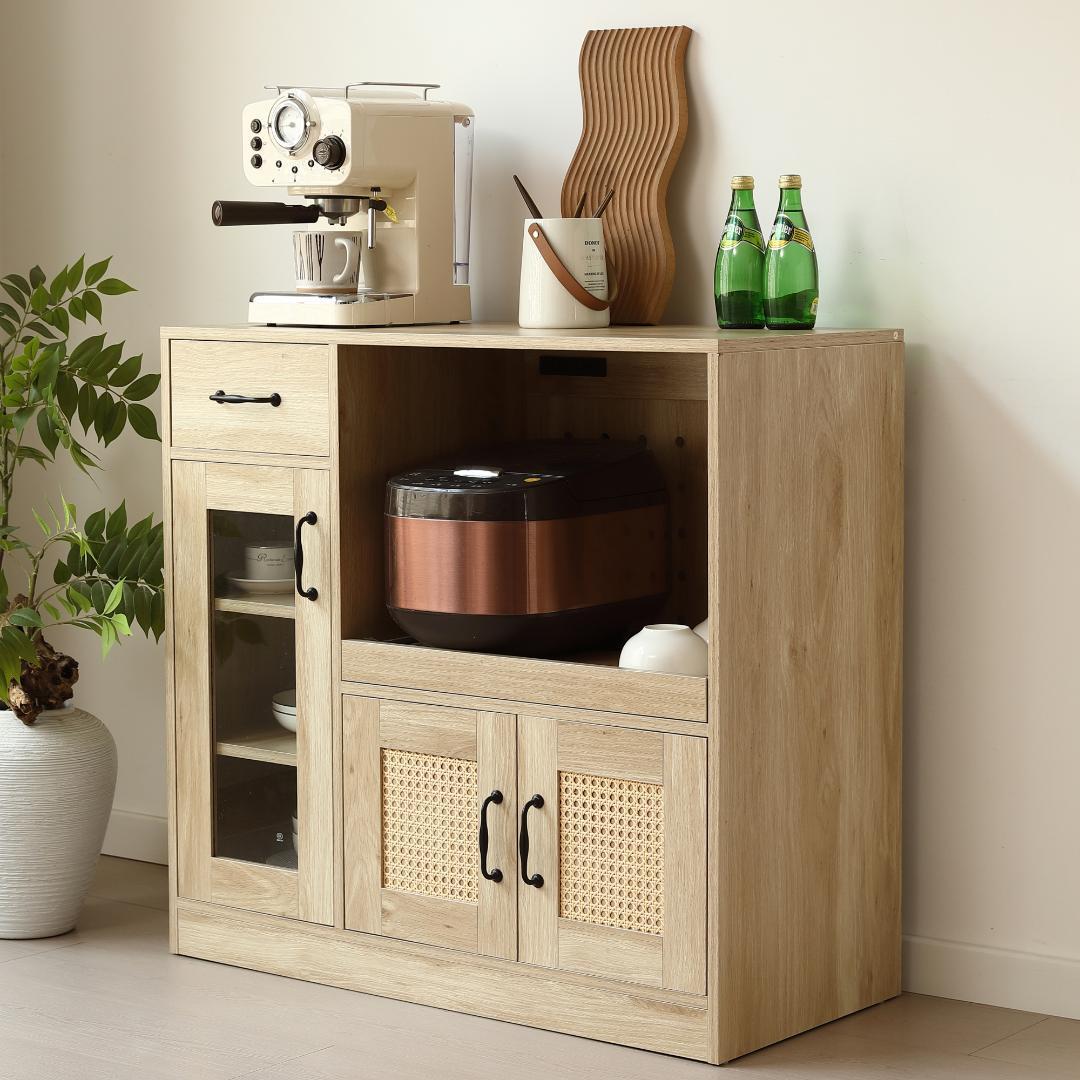 キャビネット レンジ台 キッチン収納幅88cm ガラス コンパクトNATURAL