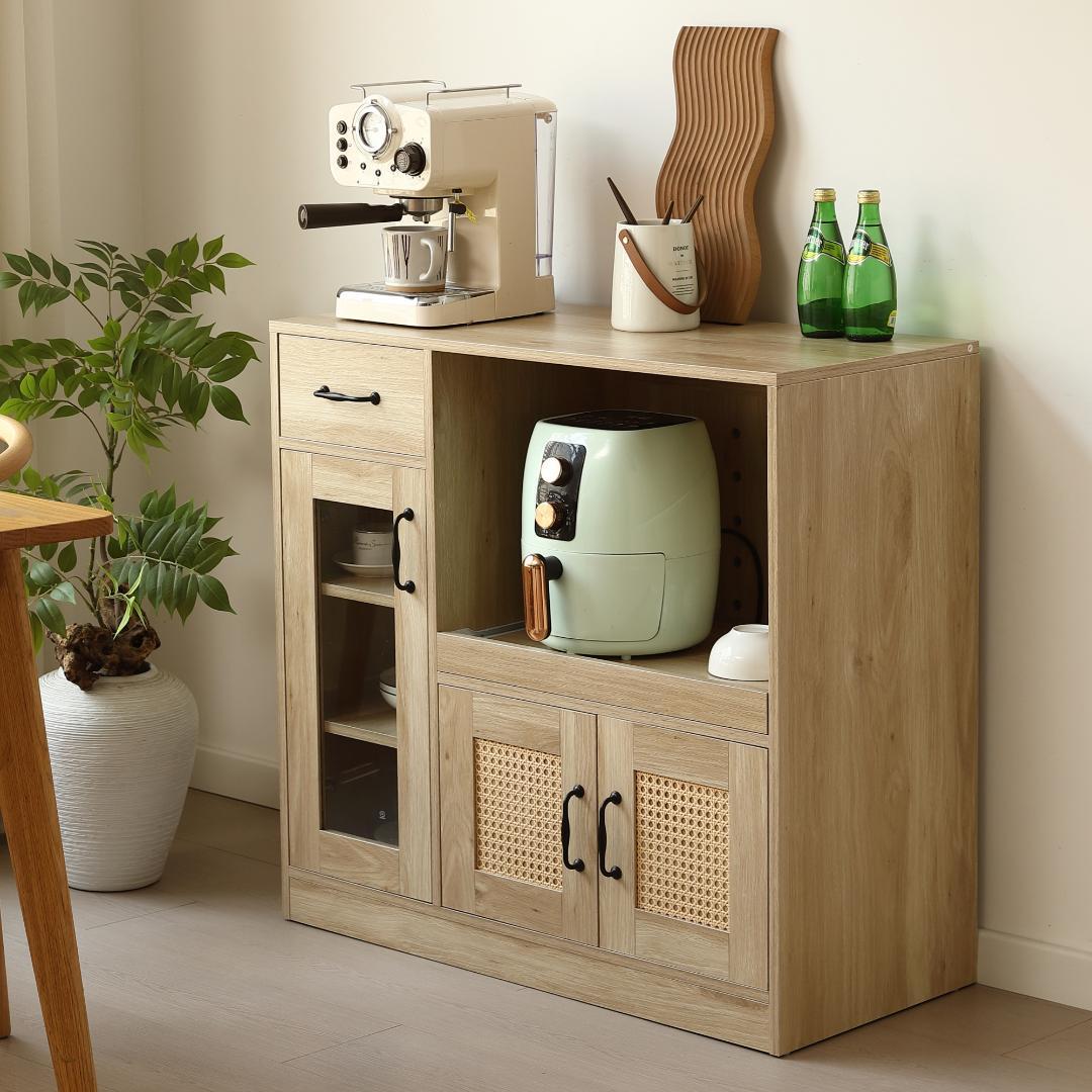 キャビネット レンジ台 キッチン収納幅88cm ガラス コンパクトNATURAL