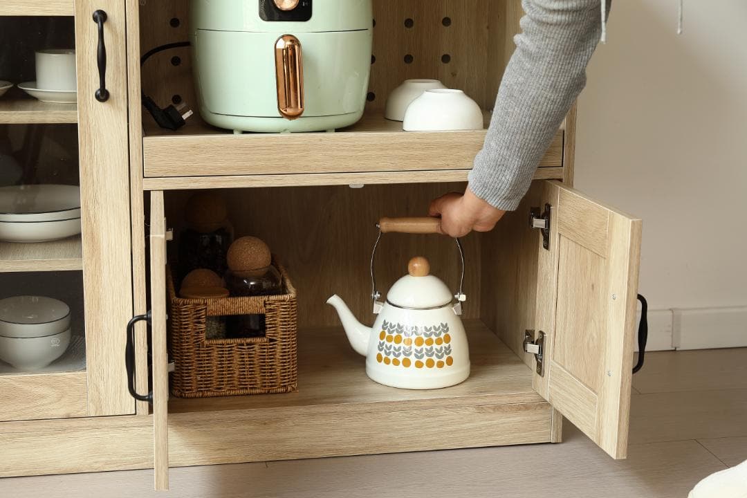 キャビネット レンジ台 キッチン収納幅88cm ガラス コンパクトNATURAL