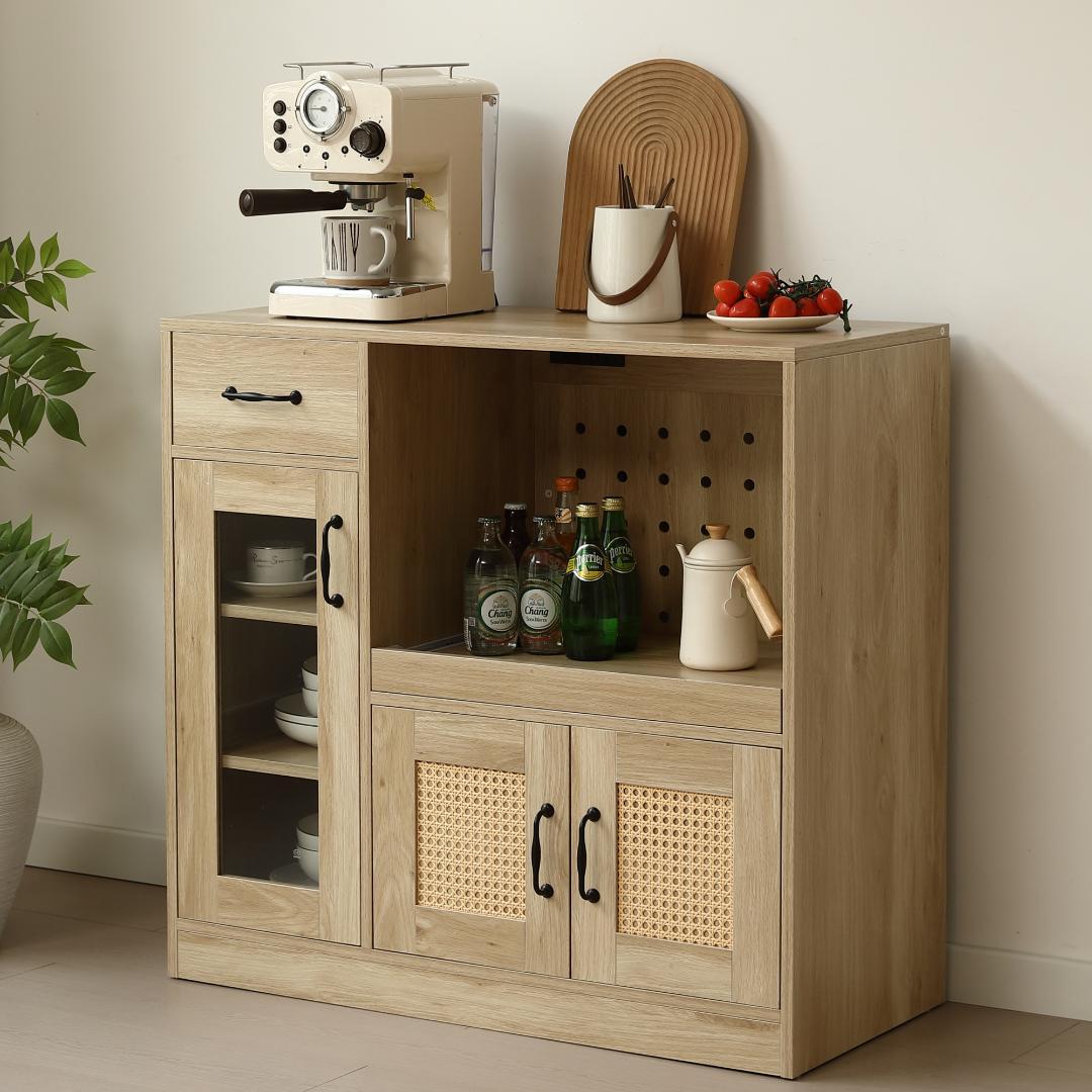 キャビネット レンジ台 キッチン収納幅88cm ガラス コンパクトNATURAL