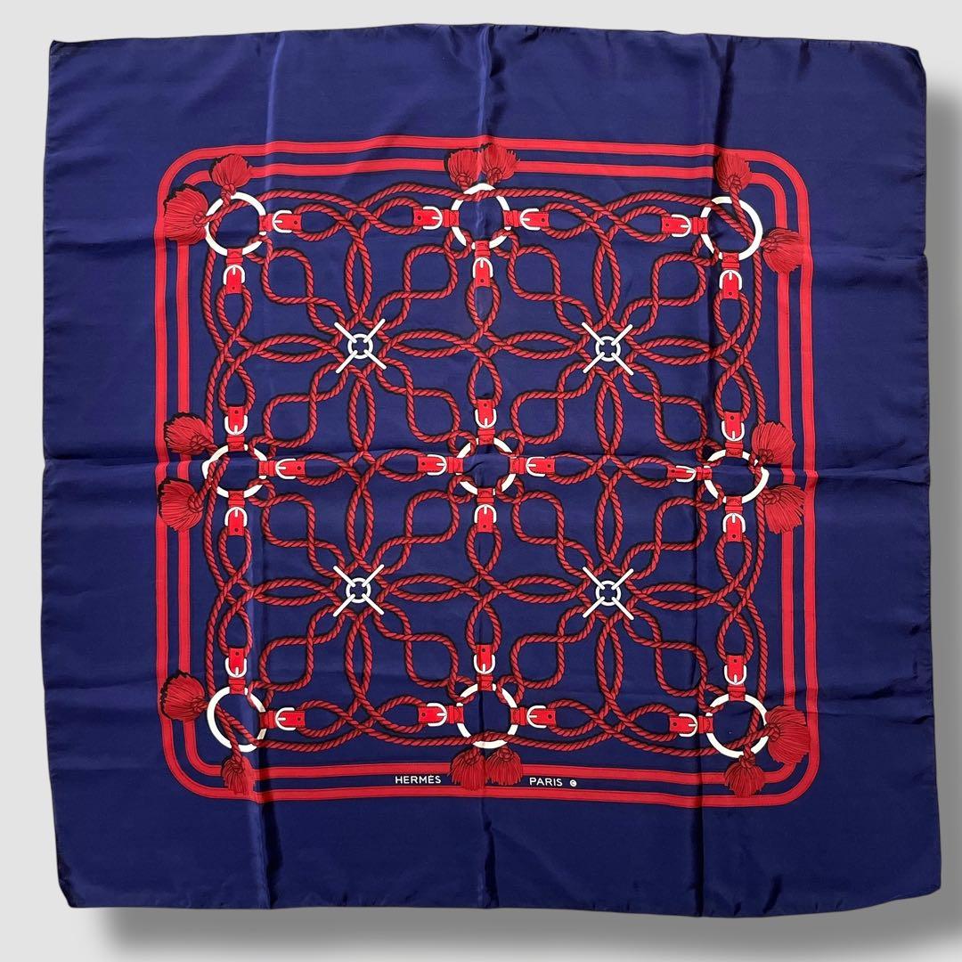 エルメス HERMES スカーフ 馬具 ロープ柄 ネイビー 紺 赤 シルク