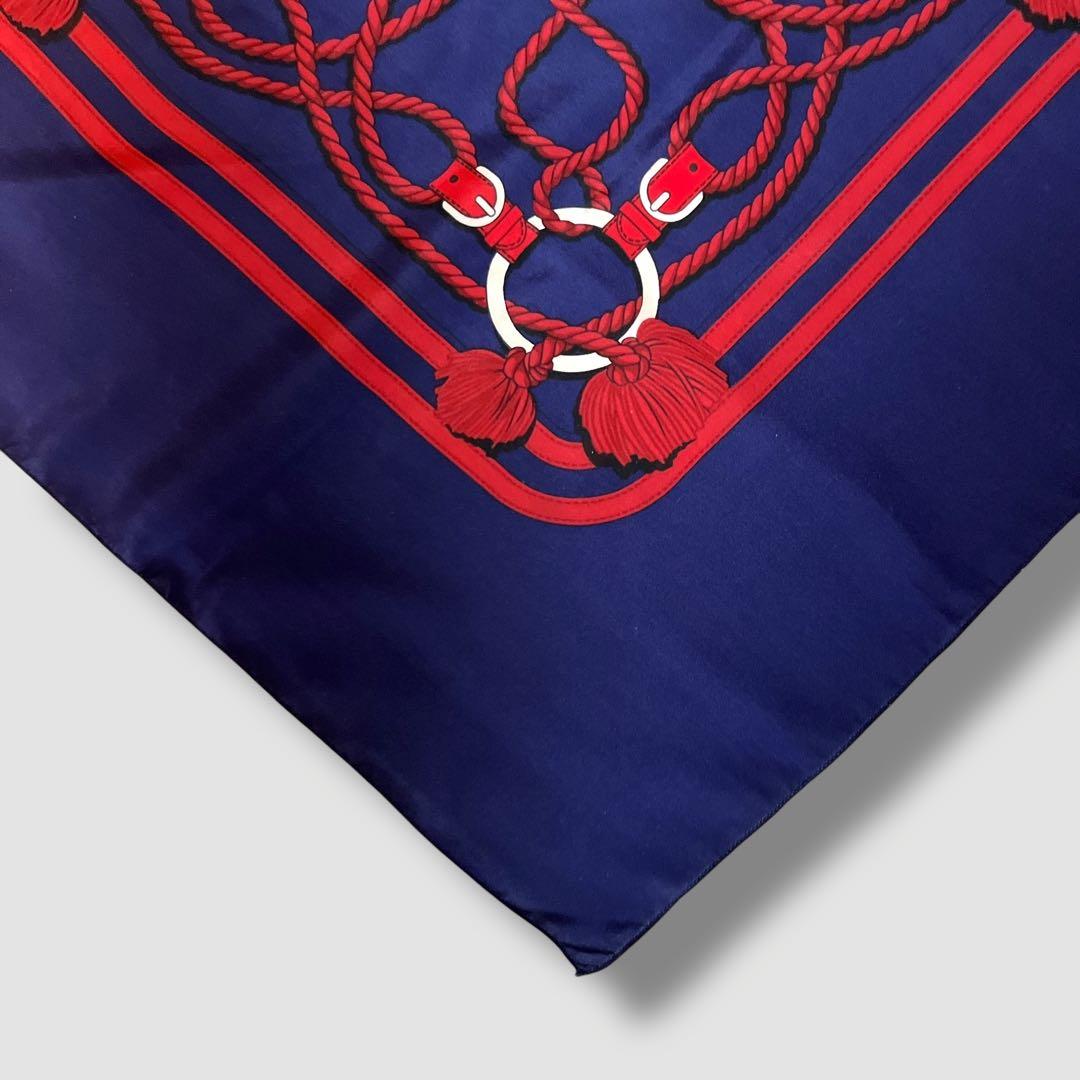 エルメス HERMES スカーフ 馬具 ロープ柄 ネイビー 紺 赤 シルク