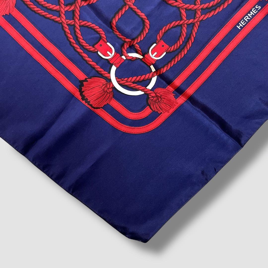 エルメス HERMES スカーフ 馬具 ロープ柄 ネイビー 紺 赤 シルク