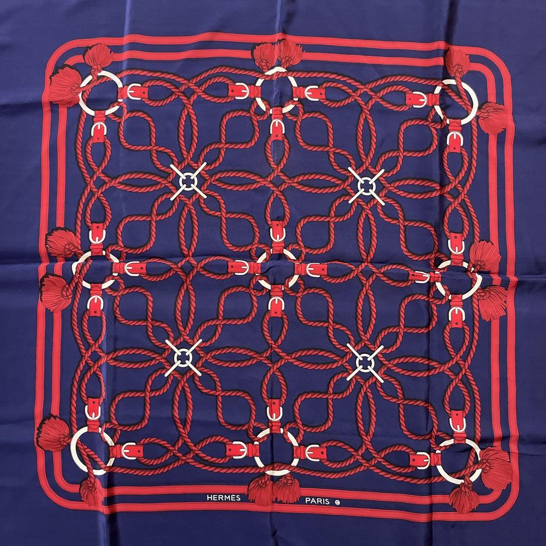 エルメス HERMES スカーフ 馬具 ロープ柄 ネイビー 紺 赤 シルク