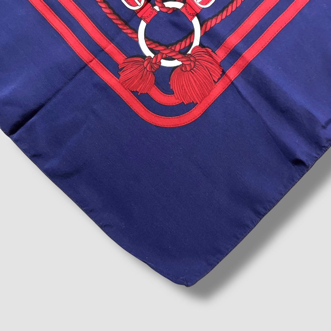 エルメス HERMES スカーフ 馬具 ロープ柄 ネイビー 紺 赤 シルク