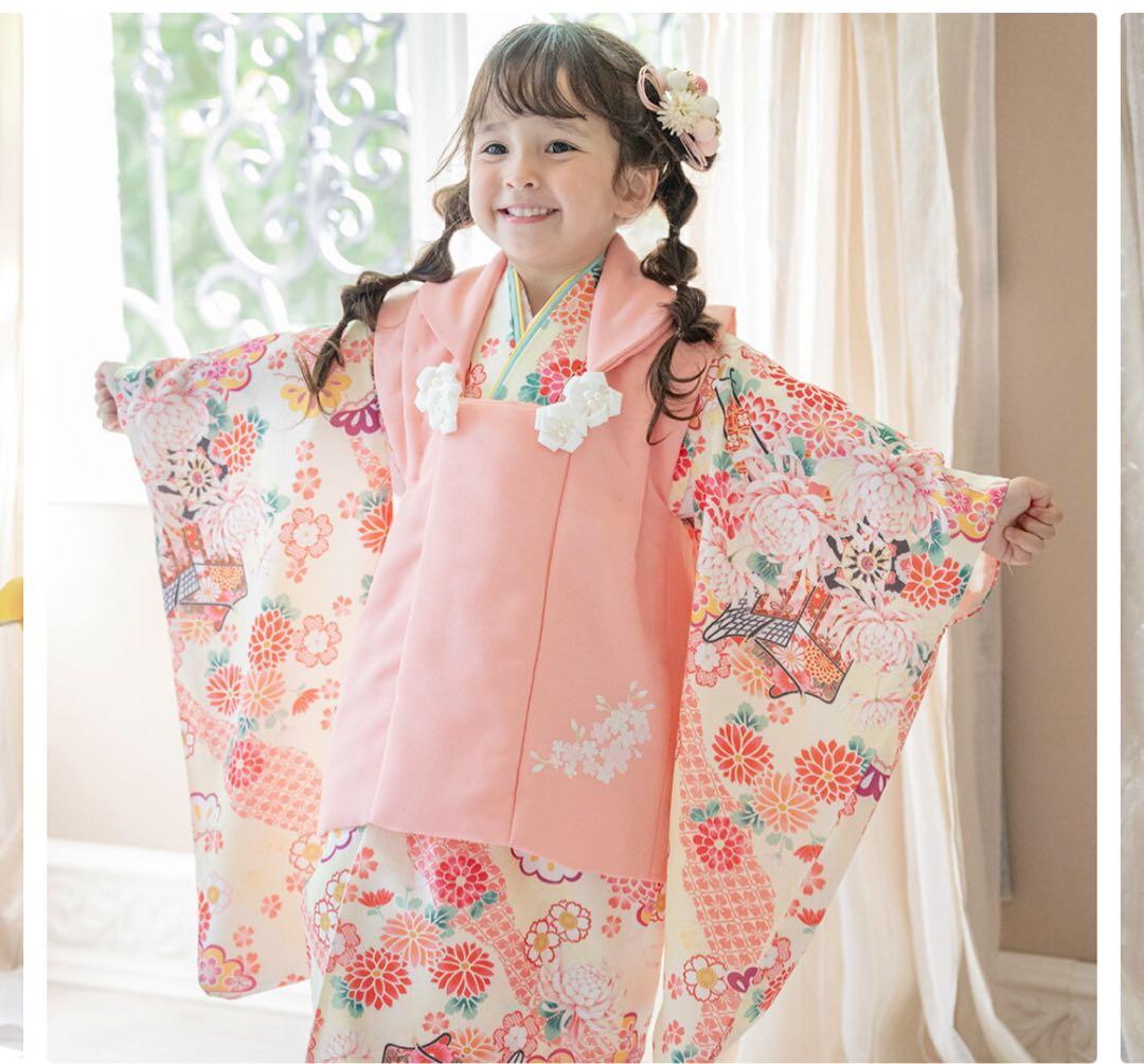 いにしえ華車黄×桃被布（七五三・３歳・３点セット・3ステップ着付け）