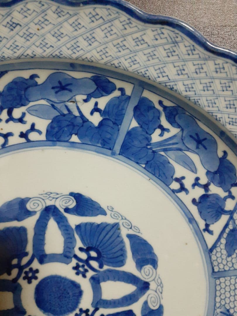 【上作品❗️】江戸時代後期　古伊万里　染付　朝顔に幾何学文様　44.7cm大皿