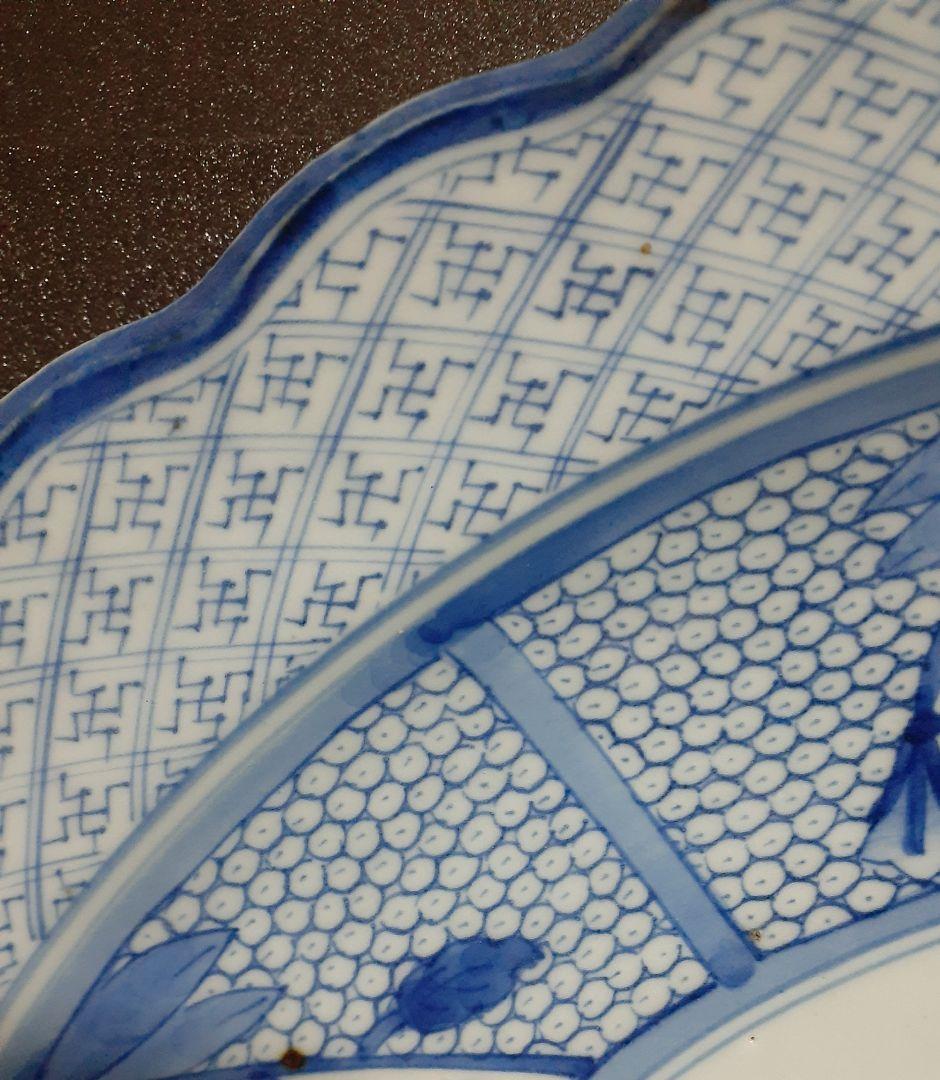 【上作品❗️】江戸時代後期　古伊万里　染付　朝顔に幾何学文様　44.7cm大皿