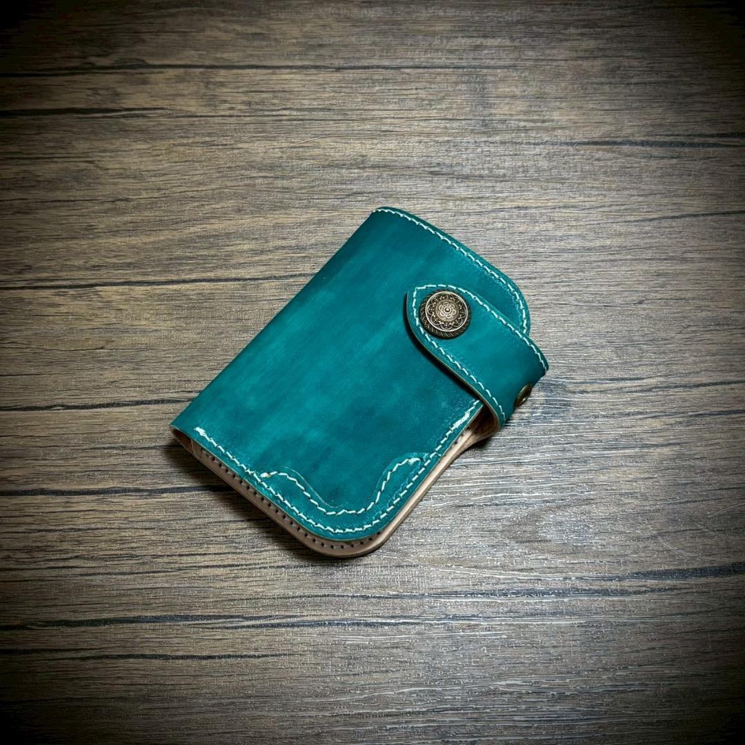 総手縫い ミドルウォレット メンズ財布 ヌメ 本革 ハンドメイド グリーン 緑