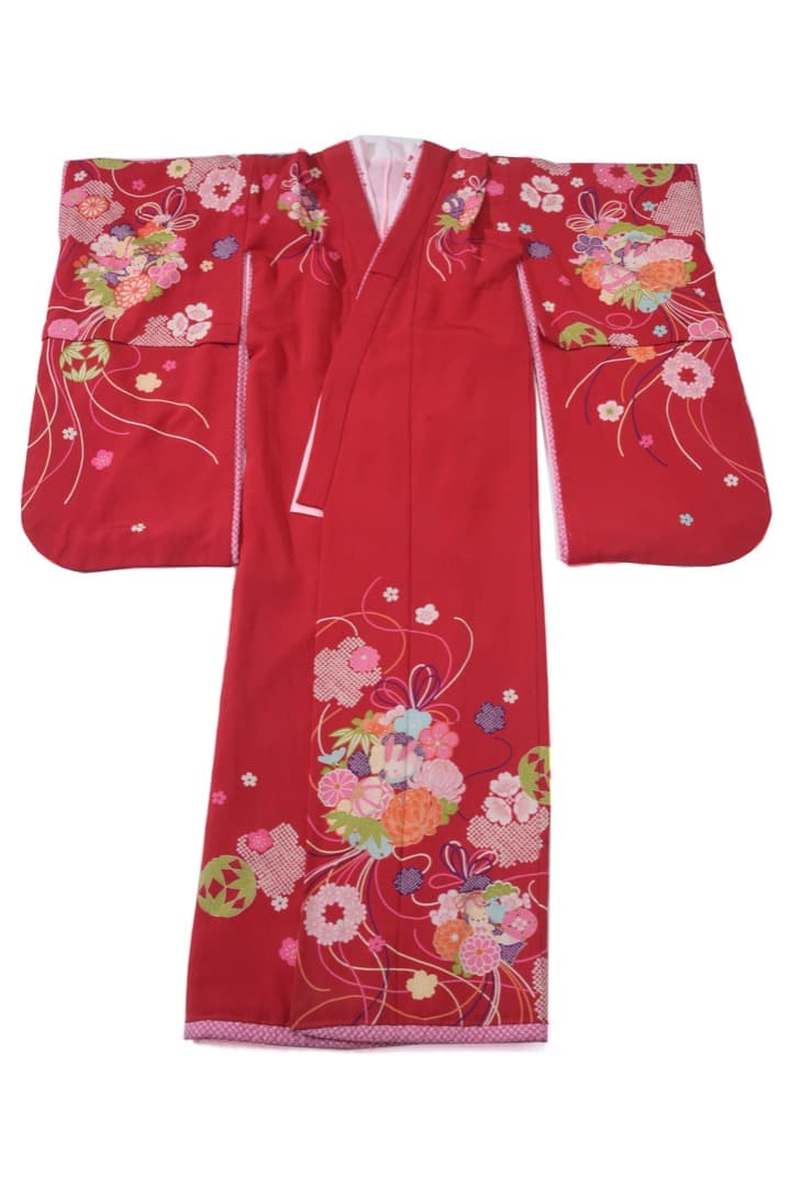 7-七五三　舞子　7歳　女の子　着物　襦袢付き　赤色　花柄